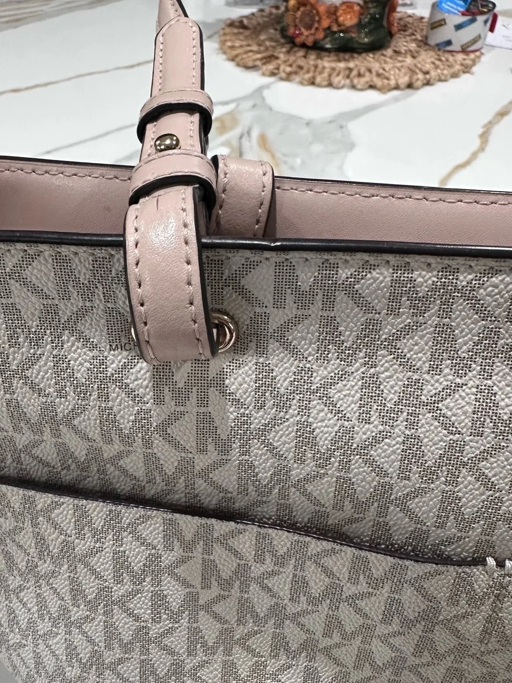 Michael Kors Light Beige Signature MK Pocket Tote with Pink Trim